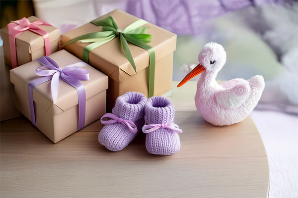 Pastel-wrapped baby shower gifts with knitted booties and a plush stork