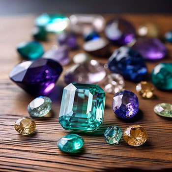 Birthstone gems loose on a table. Stones that might be chosen when having a custom jewelry piece crafted.