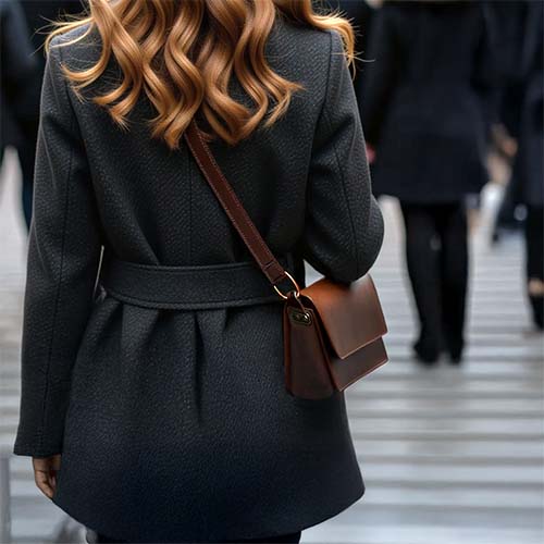 Stylish cross-body purse bag worn by woman in urban setting
