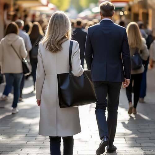 Soft vegan‑leather tote in camel brown resting on a café chair