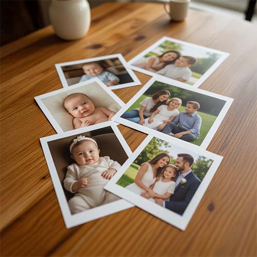 Collection of cherished family photos scattered on wooden table - baby pictures, grandparents, and children ready to be shared digitally