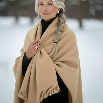 Elegant woman wearing a luxurious camel-colored cashmere scarf shawl or wrap in winter setting