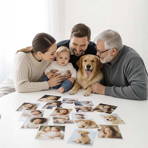 Smartphone photo printer with printed family memories scattered around